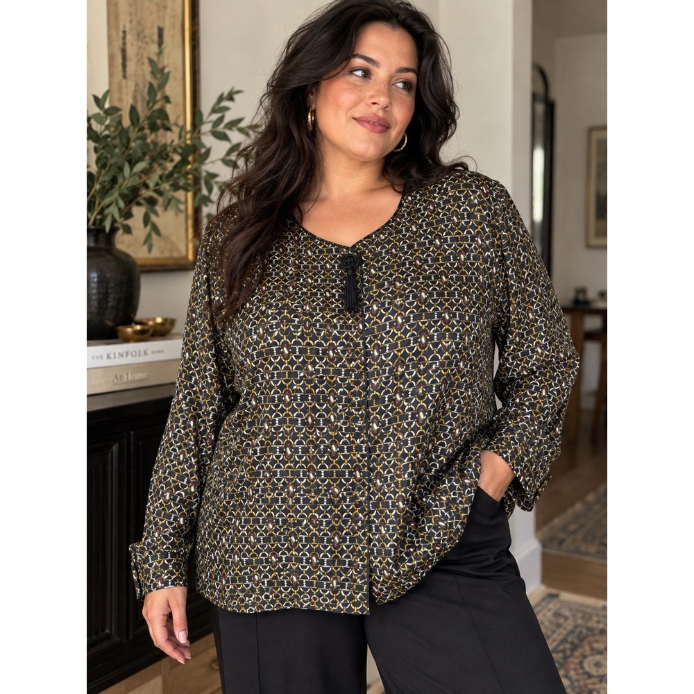 Vintage 90s Studio Silk 100% Silk Blouse 22W Plus Size Geometric Tassel